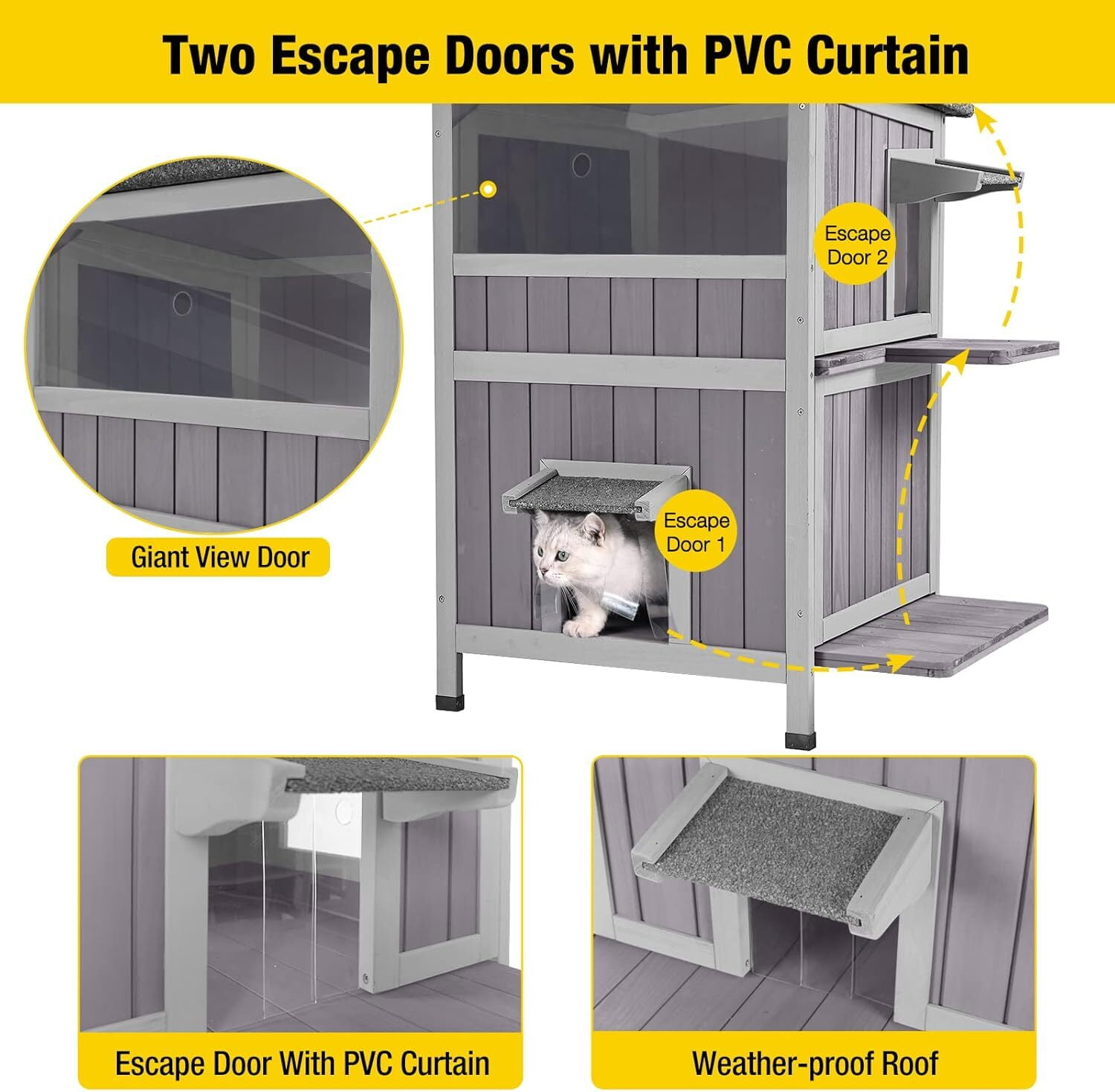 MEDEHOO 2-Story Outdoor/Indoor Cat House - Solid Wood Kitty Condo with Escape Door, Removable Floors, Weatherproof Asphalt Roof & Sun Balcony