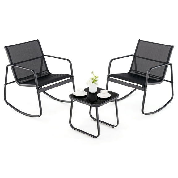 Gymax 3 Piece Rocking Bistro Set Patio Furniture Set w/ 2 Rocking Chairs & Glass-Top Coffee Table