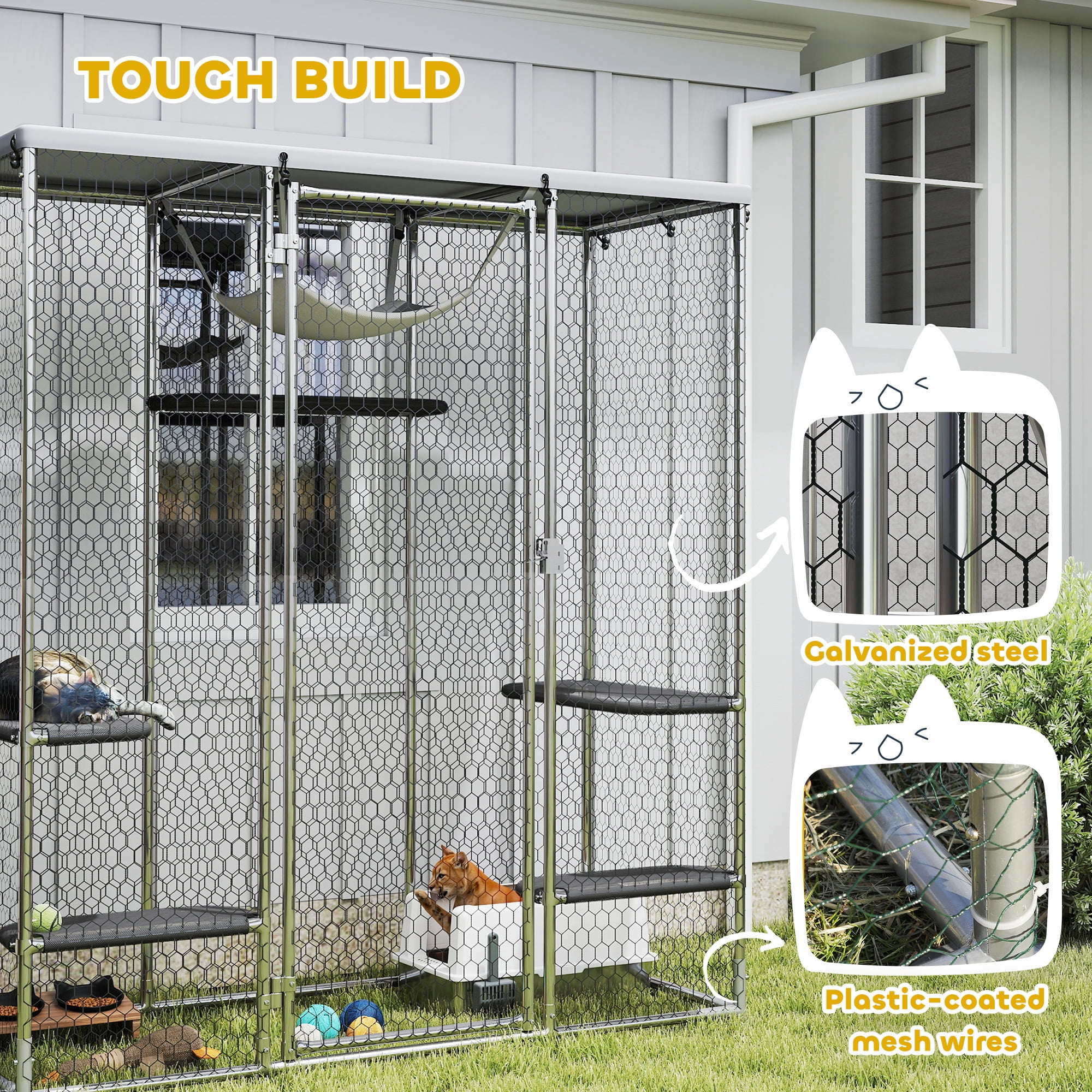 PawHut Large Catio Outdoor Cat Enclosure, Galvanized Steel Walk-in Cat Cage with Waterproof Cover, 5 Adjustable Platforms, Hammock