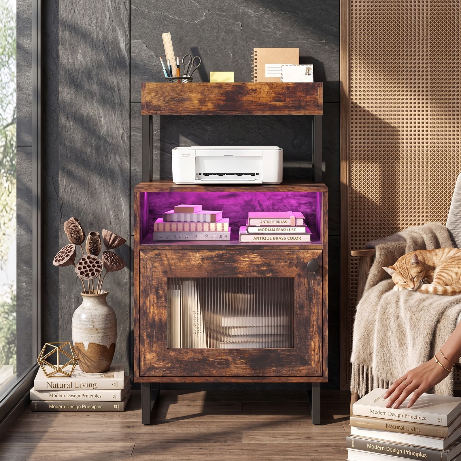 Furnibear Nightstand with LED Lights and Fluted Glass Cabinet Door plus Open Compartment and Raised Shelf for Bedroom, Rustic Brown
