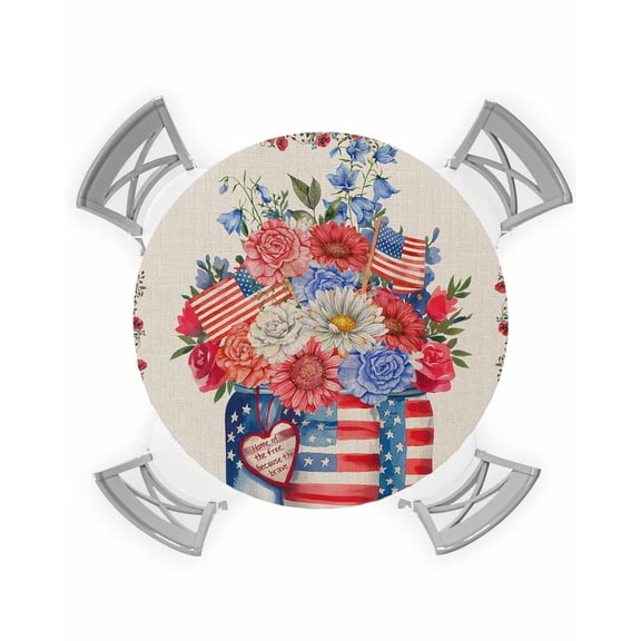 nqOlkjepod 4th of July Round Tablecloth, Fitted Table Cover with Elastic for 36"-44" Round Tables, Red Spring Floral Striped Independence Day Table Cloth Outdoor Dinning Party Waterproof Tablecloths