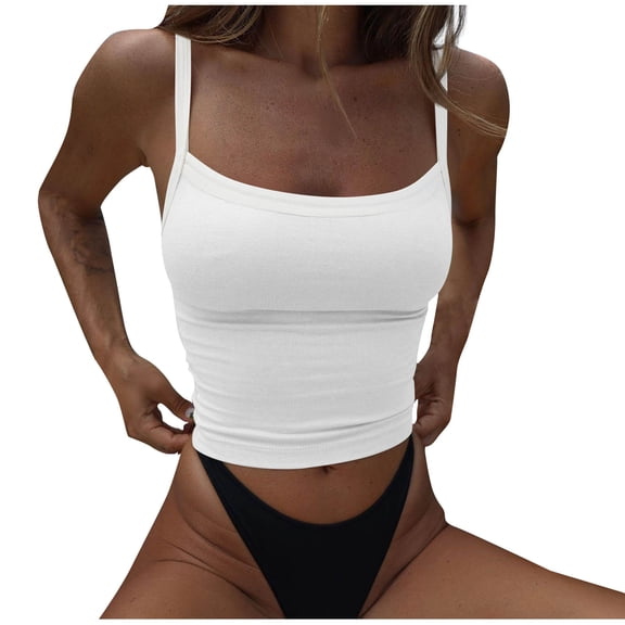 Wenini Crop Tops for Women Square Neck Spaghetti Strap Sleeveless Solid Basic Casual Workout Tight Summer Camisole, White XL