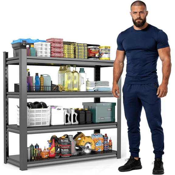 44''H × 16''W Garage Shelving, 4 Tier Heavy Duty Metal Garage Storage Shelves, Metal Shelving,2000lbs Adjustable Standing Shelf and Thickened Double-Layer Posts for Kitchen,Warehouse,Basement