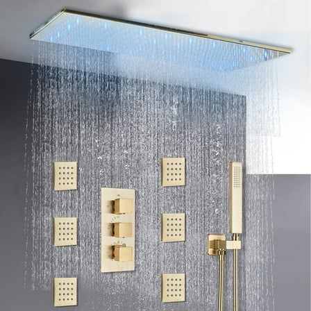 Brushed Gold 16x32" Rain Shower Faucet Set Kit Thermostatic Massage System Combo