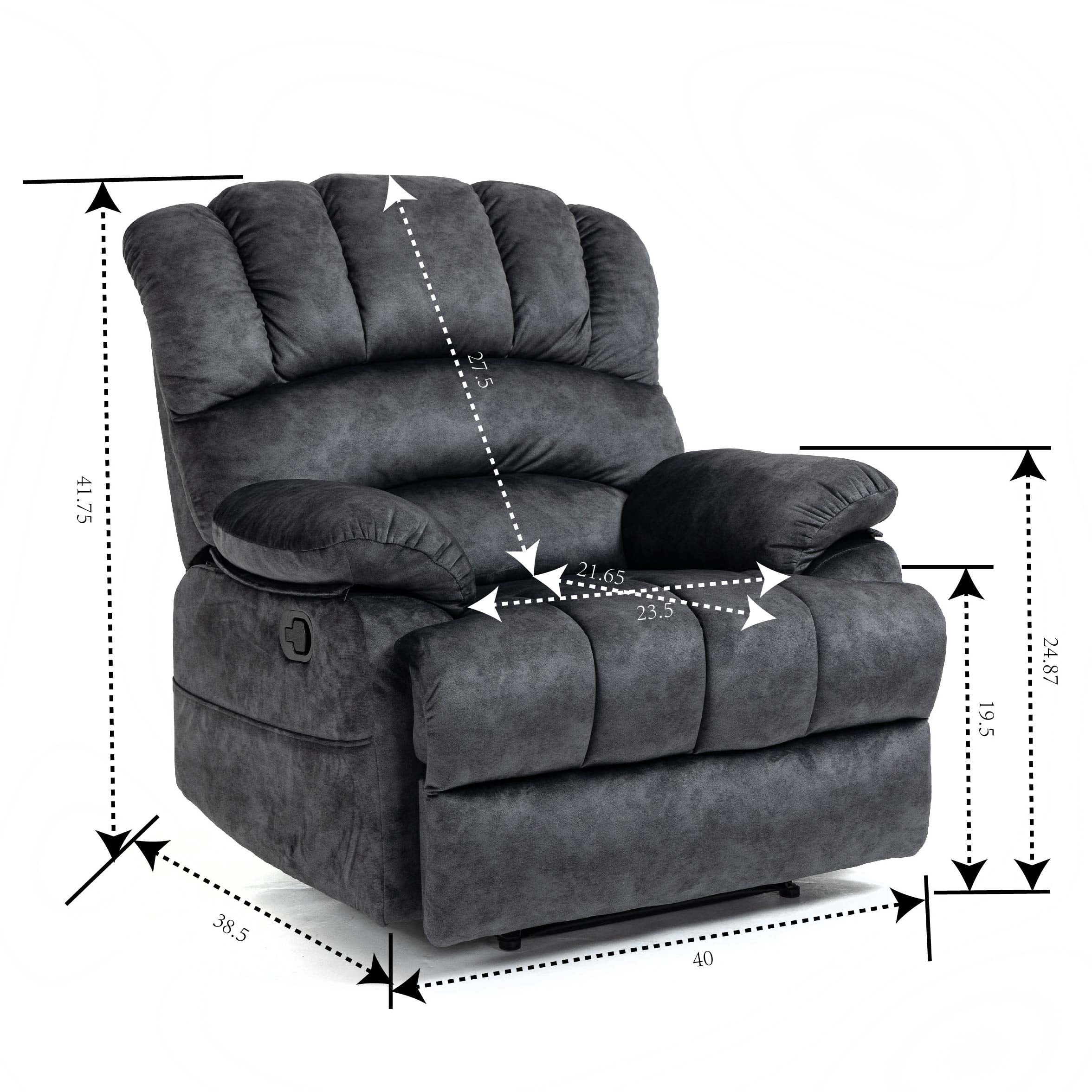 Trustyue  Manual Recliner Chair with Footrest, 40" Wide Push Back Recliner Chair with Three Position and Two Side Pockets, Velvet, Black