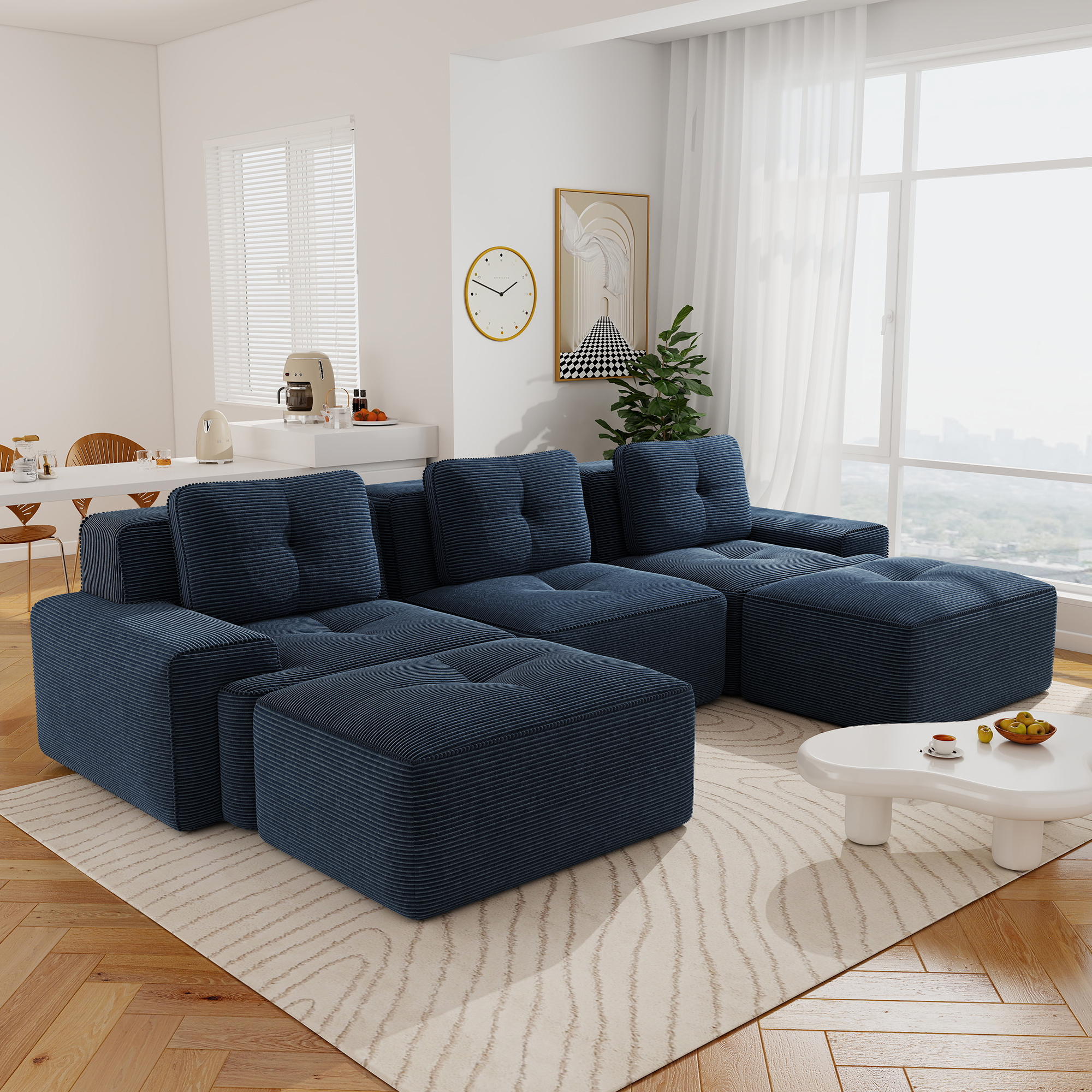 Aukfa 5-Piece Tufted Modular Corduroy Sectional Sofa with 2 Ottomans for Living Room, 29.5" Deep Seat, Blue