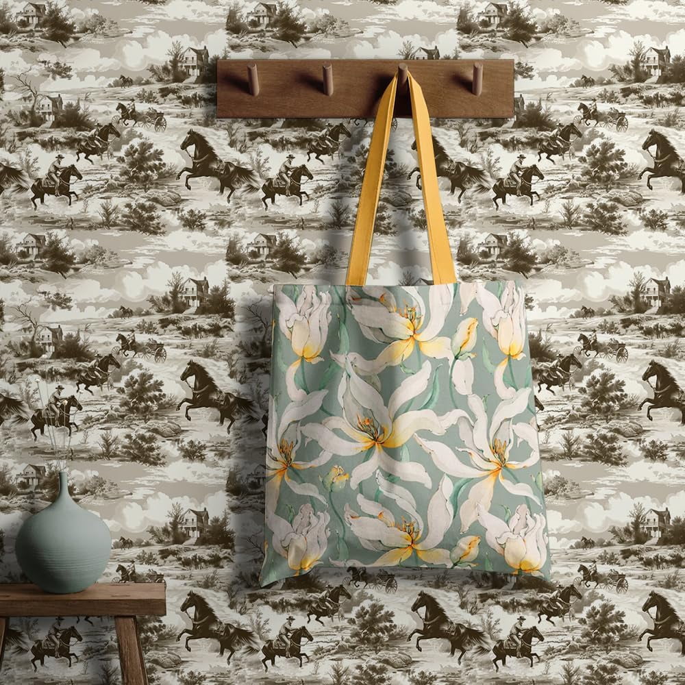 Beige Brown White Western Horse Landscape Peel and Stick Wallpaper Contact Paper Vintage Vinyl Stick on Wall Paper for Bedroom Bathroom Kitchen Cabinet Renter Friendly