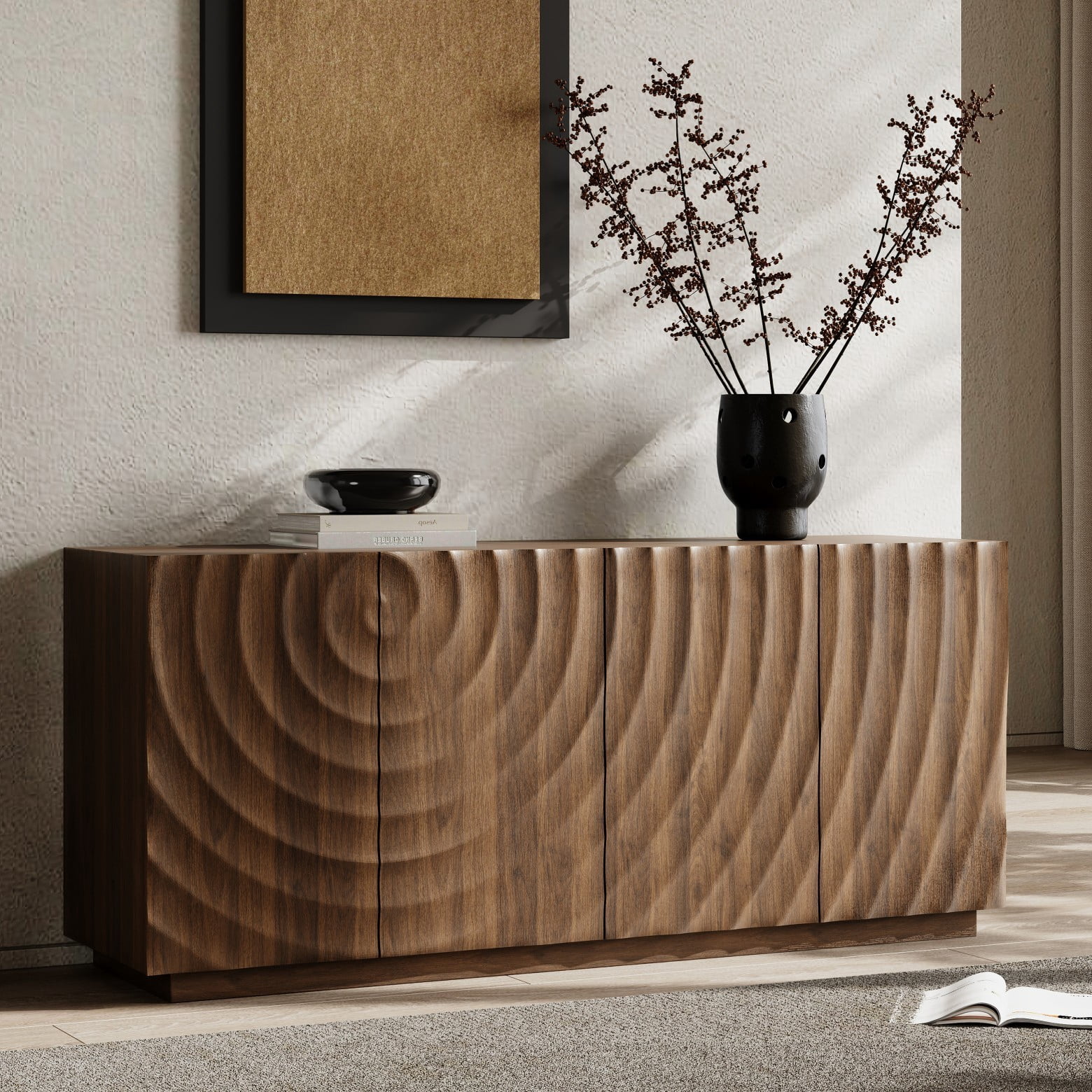 Modern 59" Buffet Cabinet with Storage, 4-Door Wave Textured Sideboard, Black Accent Console Table, Floor Standing Credenza for Living Room Kitchen, Walnut