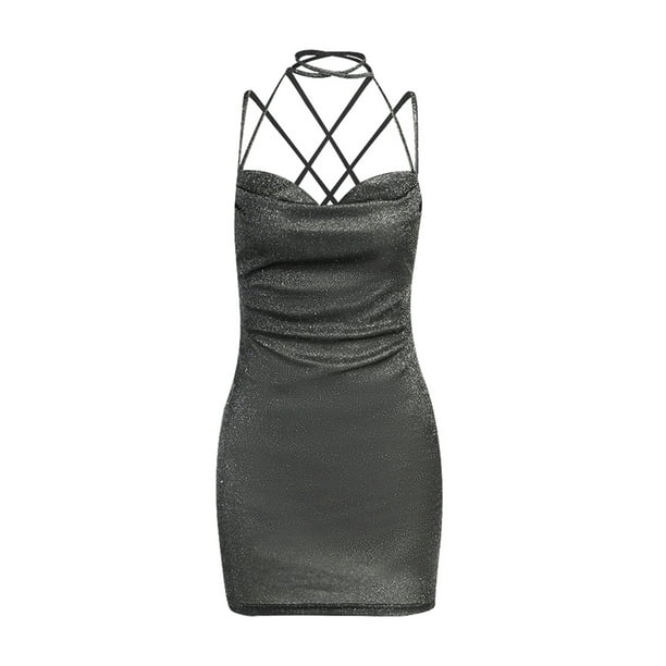 Fortune Women Glitter Bodycon Dress Spaghetti Strap Backless Bandage One Piece Dress Black