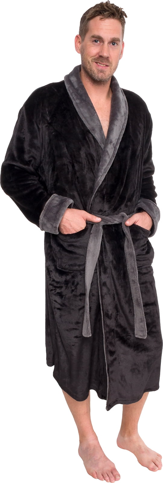 Ross Michaels Men's Robe - Mid Length - Plush Shawl Collar Two Tone Bathrobe (Black & Grey, XXL)