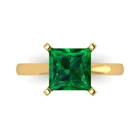 3 ct Princess Cut Simulated Emerald Solitaire Engagement Ring for Women in 14K Yellow Gold