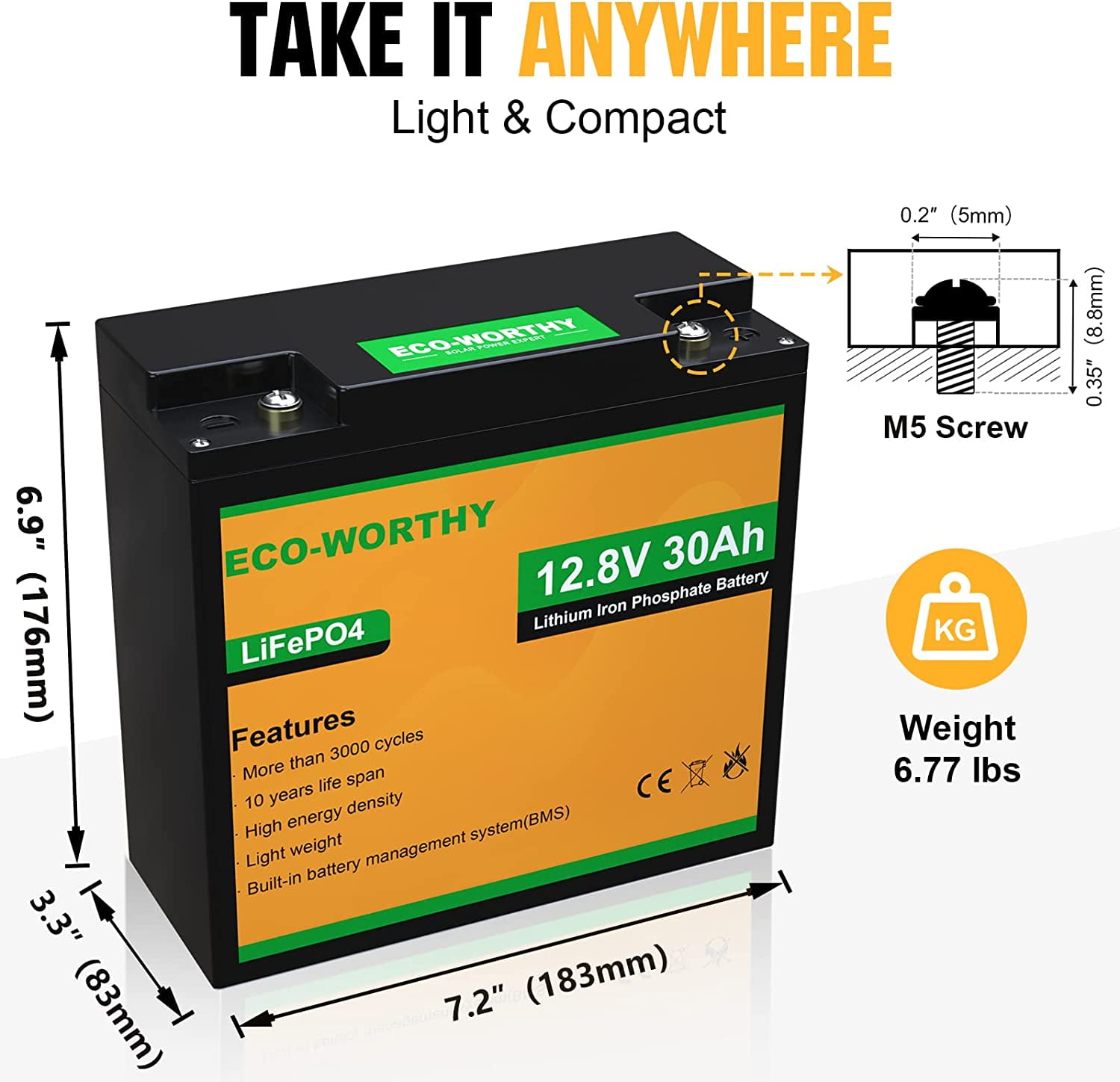 ECO-WORTHY 12V 30Ah Lithium Phosphate Battery, Over 2000 Cycles Lightweight LiFePO4 Battery