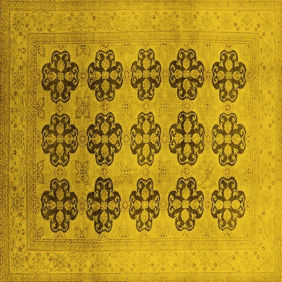 Ahgly Company Machine Washable Indoor Square Oriental Yellow Traditional Area Rugs, 5' Square