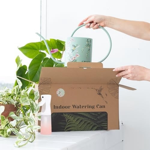 Watering Can for Indoor House Plants & Spray Water Mist Bottle - Cute Decorative Metal Gardening Small Water Can for Houseplants & Flowers with Long Spout - 1.5L 51floz 0.4 Gallon (Hummingbird Sage)