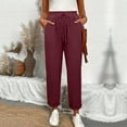 thumbnail image 2 of Womens Drawstring Linen Pants Ankle Length Straight Leg Elastic Waist High Waisted Gauze Pants Spring Maternity Gauchos Pants Wine XXL, 2 of 6