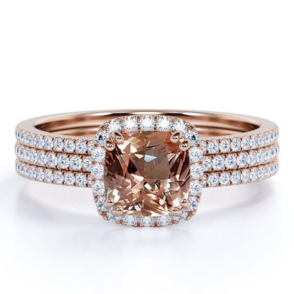 JeenMata 1.75 Carat Cushion Cut created morganite and Moissanite Halo Trio Wedding Ring Set in Rose Gold