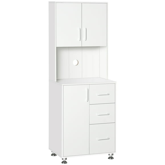 HOMCOM 63" Modern Kitchen Pantry, Buffet Cabinet with Hutch, Storage Cabinet with 3 Drawers and Microwave Stand, White