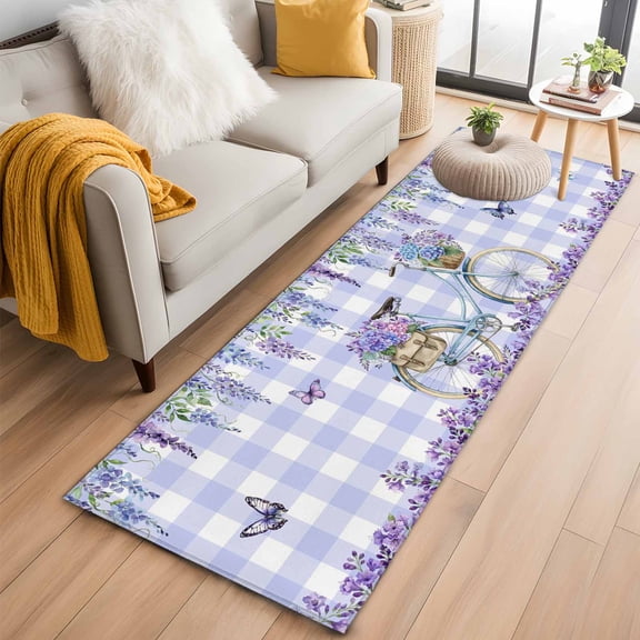 Purple Flowers 2'x6' Runner Rugs for Hallway Kitchen Bedside Non Slip Washable, Weeping Spring Floral Bicycle Checkered Entryway Rug Runners with Rubber Backing, Long Carpet Runner for Laundry Room