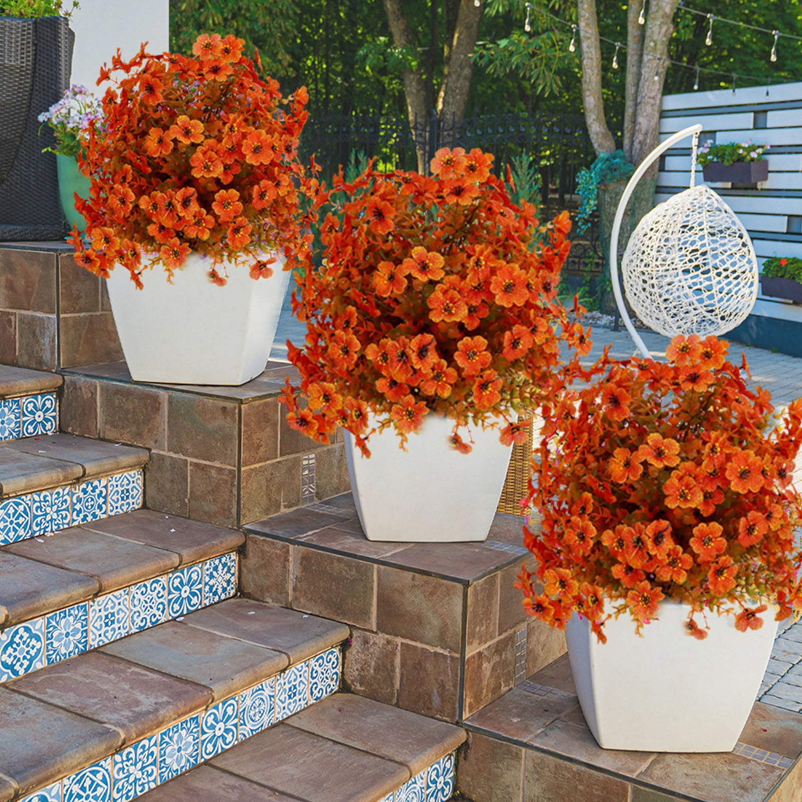 BNNG Artificial Topiary Ball Tree with Flower for Outdoor, Fall Fake Shrubs Bushes with Ground Spikes, UV Resistant Faux Boxwoods Plants for Garden Porch Patio Decor, 20 inches