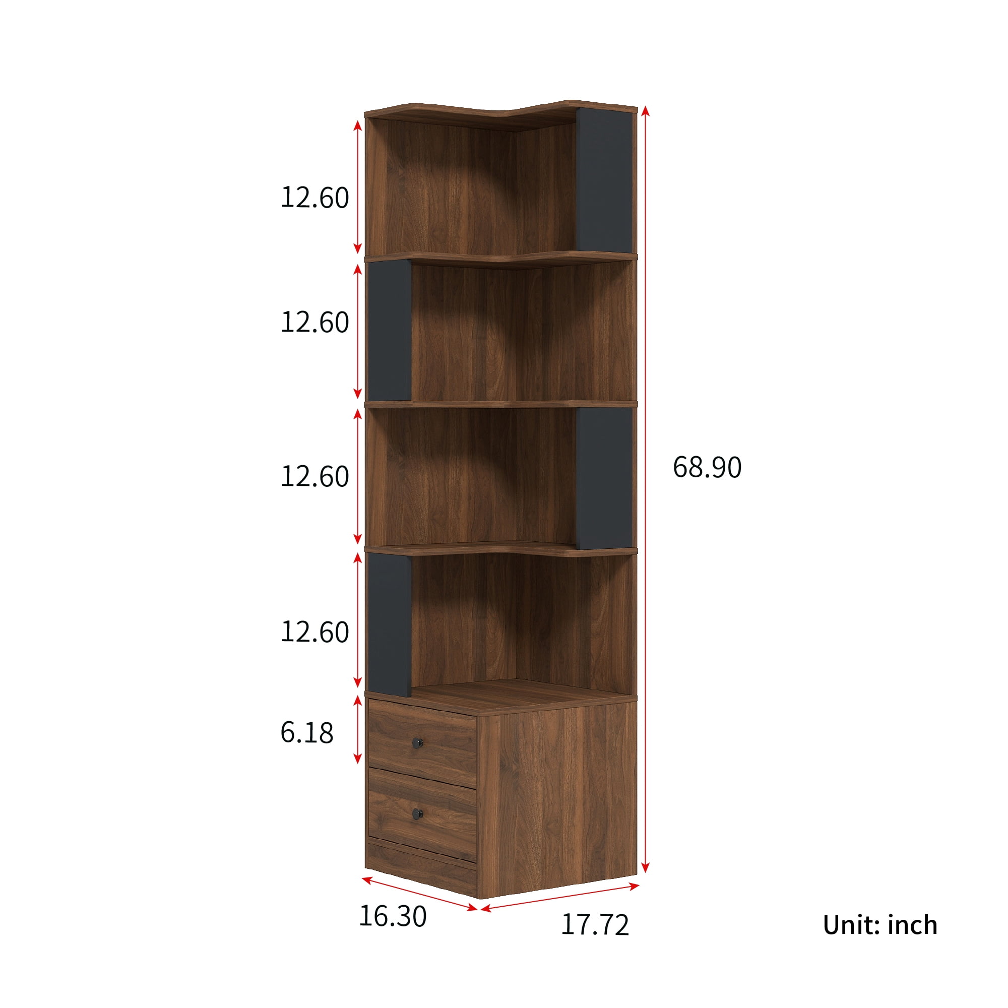 Corner Bookshelf with Drawers, 4-Tier Corner Bookshelf Bookcase with Baffle, Freestanding L Shaped Display Shelf Stand with Led Lights for Home Office, Living Room, Bedroom, Kitchen