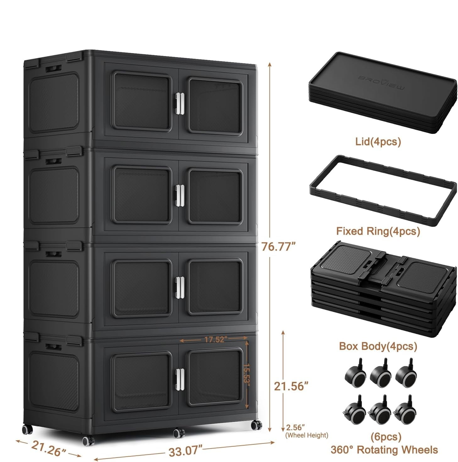 Broview 880QT Stackable Storage Bins with Lids, Extra Large 220Gal Foldable Crates for Family Storage, Kids Sports Gear, Holiday Decor, Space Saving Collapsible Toy, Closet Organizers, 4-Pack Black
