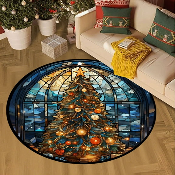 Costeam Christmas Round Area Rug , Holiday Themed Living Room Carpet for Bedroom, Non-Slip Cozy Accent Floor Mat for Sofa Coffee Table, European Style Home Decor Gift