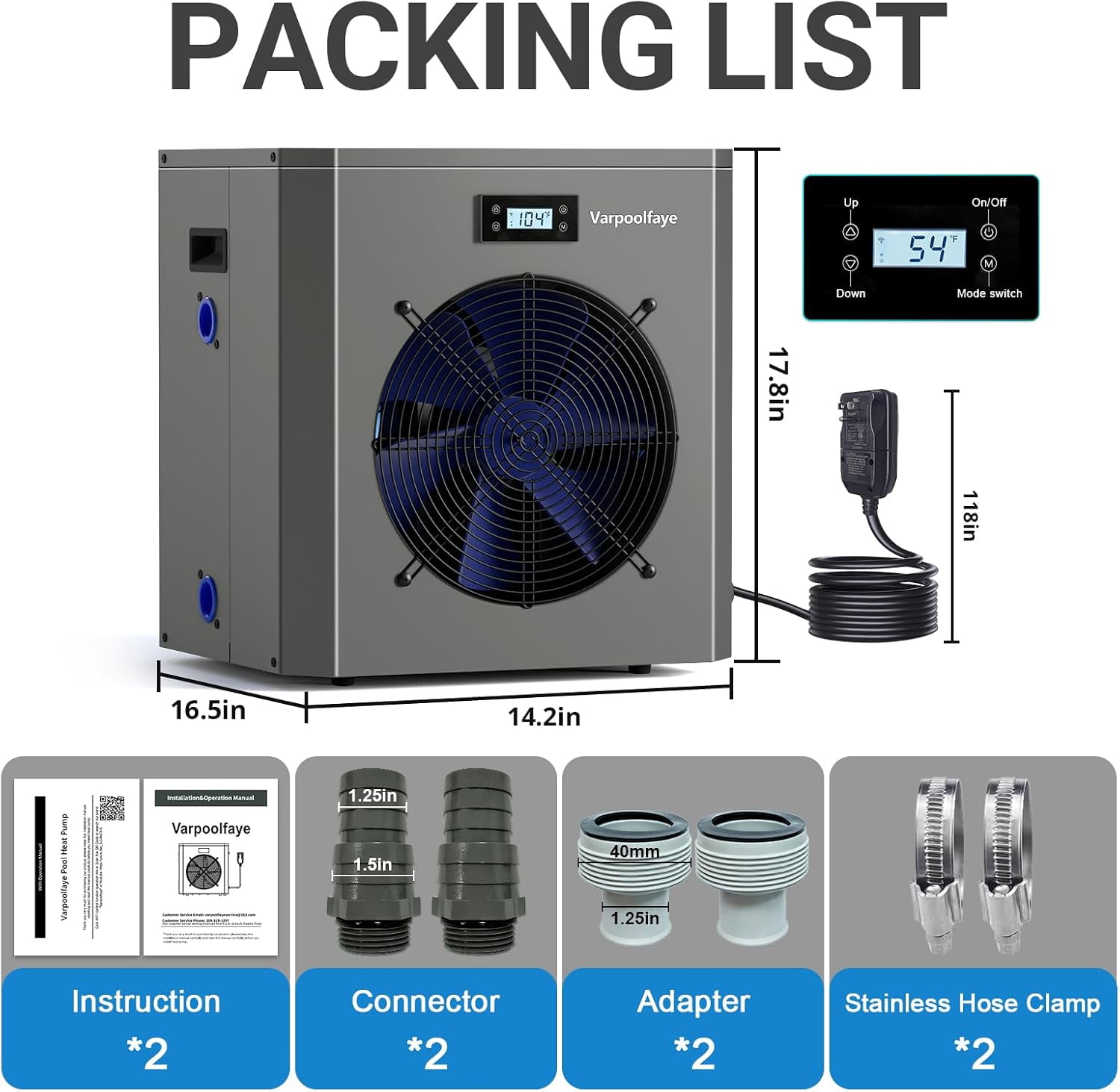 16000 BTU Electric Pool Heater for Above Ground Pool Swimming Pool Heat Pump 5000 Gallon Pool Heater 120V Heating Cooling WiFi Control 60Hz Spa