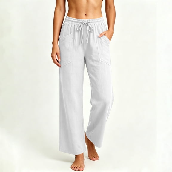 KIHOUT Womens Wide Leg Pants High Waisted Solid Color Casual Loose Fit Drawstring Elastic Waistband Trousers with Pockets Long Pants