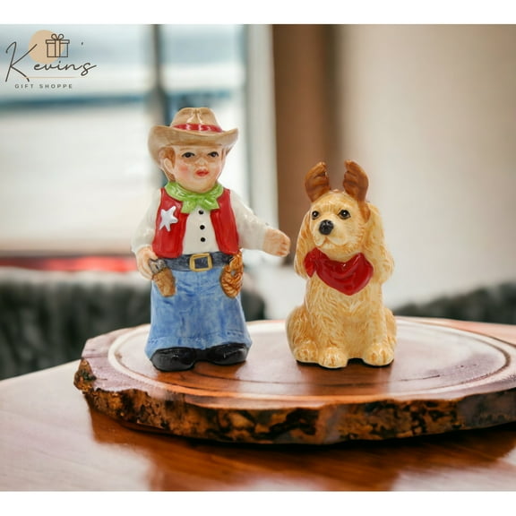 Kevins Gift Shoppe Ceramic Cowboy With Dog Salt and Pepper Shakers