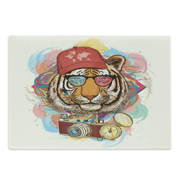 Animal Cutting Board, Hipster Rapper Tiger Sunglasses Hat and Camera Artist Hippie Comic Print, Decorative Tempered Glass Cutting and Serving Board, Large Size, Multicolor, by Ambesonne