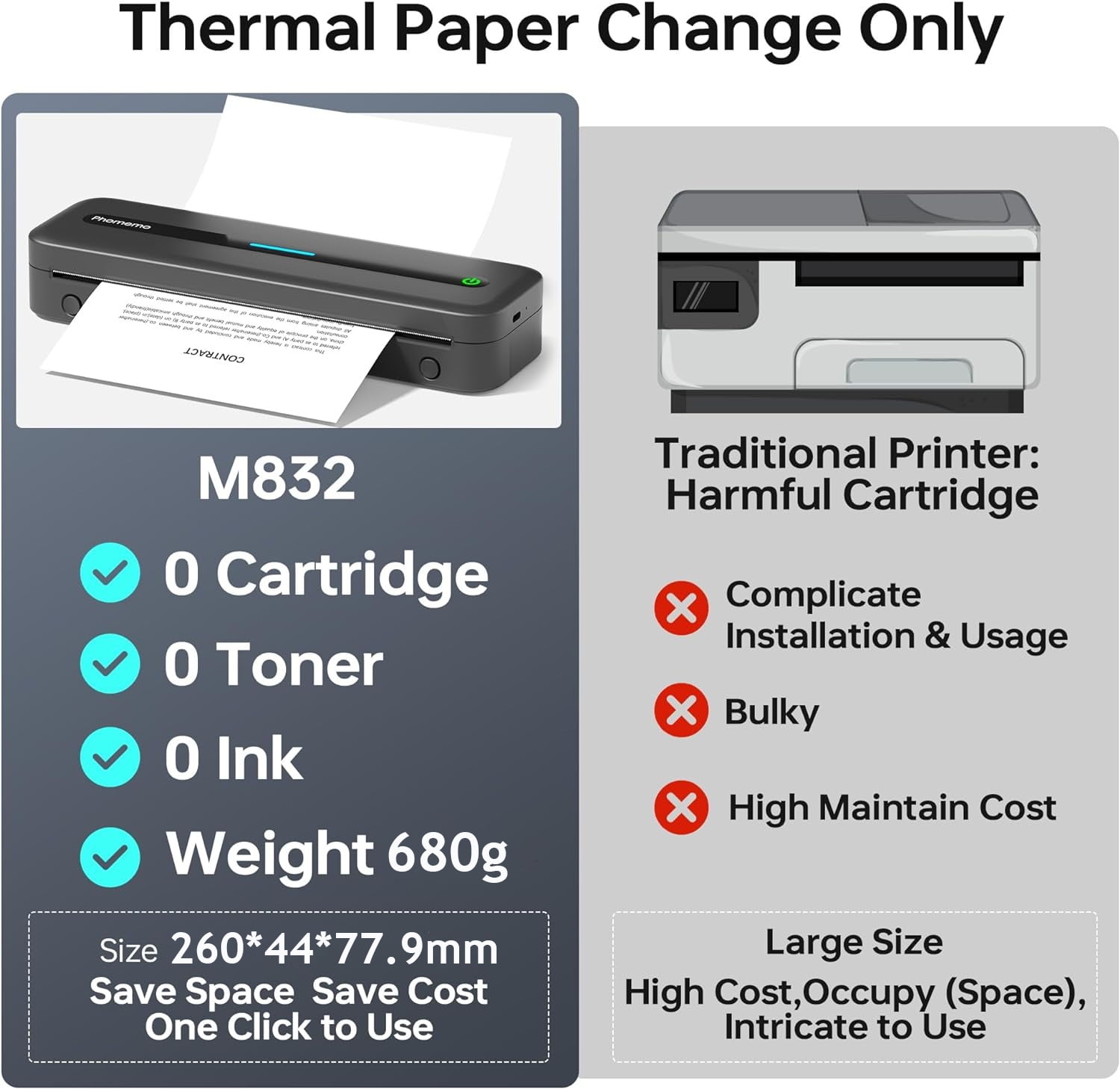 Portable Printers Wireless, M832 Bluetooth Thermal Printer, Inkless Mobile Printer Support 8.5'' x 11'' & A4 Thermal Paper, Compatible with iPhone Android Laptop for Office Car Home