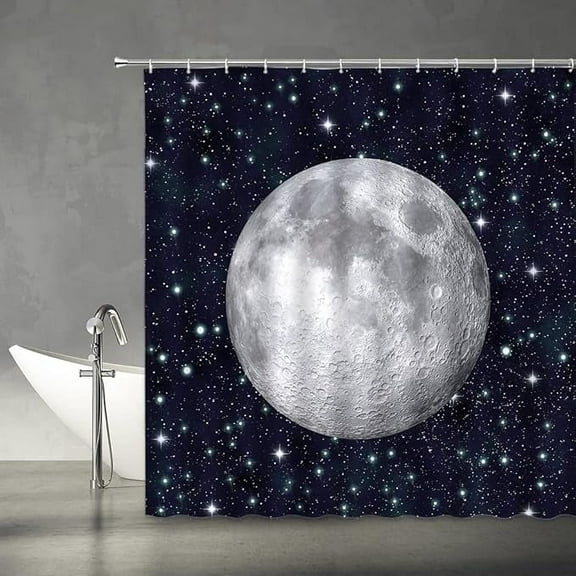 Moon Shower Curtain Black Gray Celestial Outer Space Universe Night Starry Stars Sky Mysterious Fantasy Dreamy Fabric Bathroom Decor Set with Hooks 36"W x 72"L