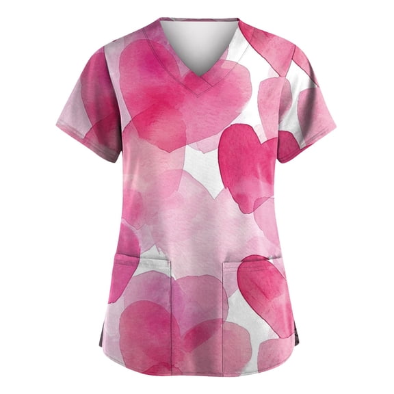Hearthz S-5XL Valentine Day Scrub Tops for Women Love Heart Graphic Fitted Scrub Tops Women Stretchy V Neck Short Sleeve Nurses Working Uniforms with Pocket