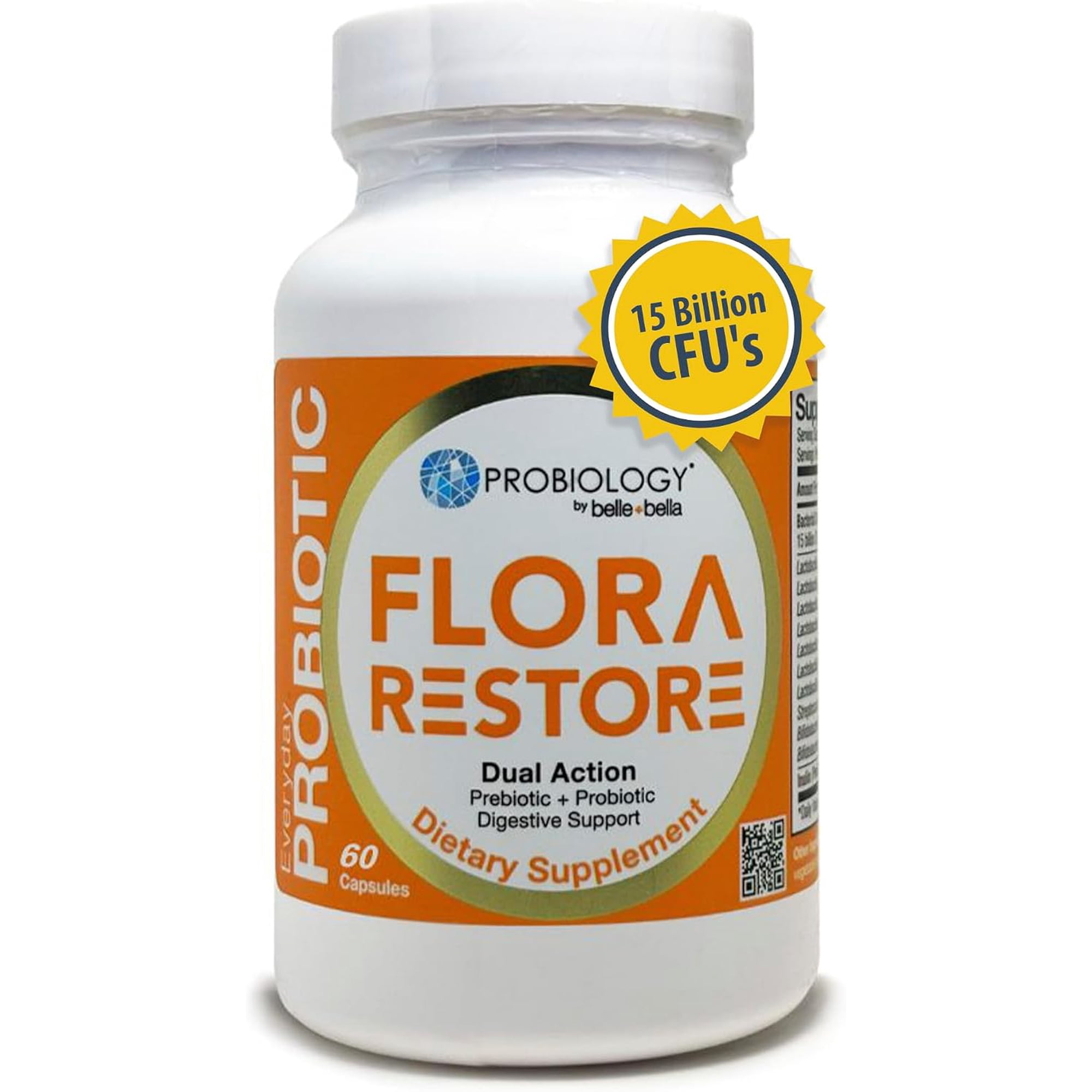 belle+bella Flora Restore Daily Probiotic - 15 Billion Live Cultures - Probiotics & Prebiotics for Digestive & Gut Health - Immune Support - Promotes Regularity - Vegan & Gluten Free - 60 Caps