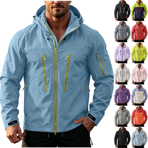 Agkizg Men's Fall Winter Ski Jackets Waterproof Windproof Coats, Solid Hooded Windbreaker Windproof Water Jacket Drawstring Zip Pockets Outdoor Hiking Mountaineering Coat