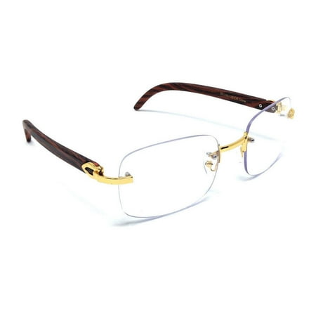 Rimless Rectangular Dapper Metal & Wood Eyeglasses Clear Lens Sunglasses Gold & Cherry Wood Frames