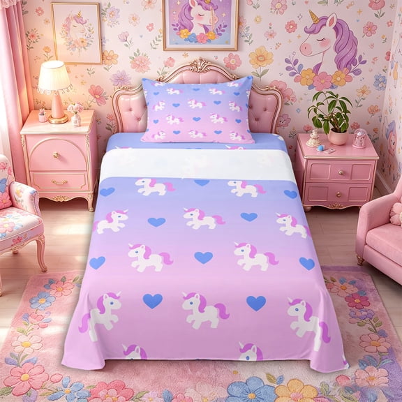 Metsweet Cartoon Unicorn Twin Sheets 3pcs, Love Heart Gradient Bedding, Pink Blue Purple,1 Fitted Sheet, 1 Flat Sheet and 1 Pillowcase