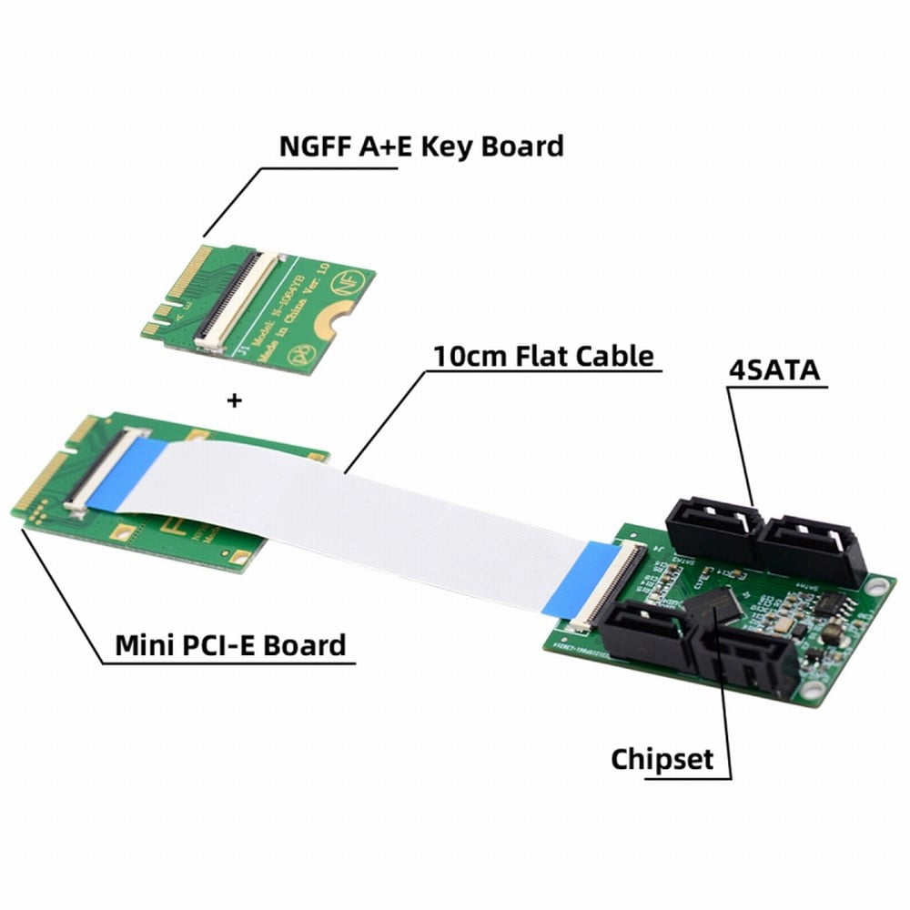 JSER Mini PCI-E PCI Express & NGFF A+E Key to SATA 3.0 Four Ports Adapter Cable 6Gbps Hard Drive Extension Card for SSD