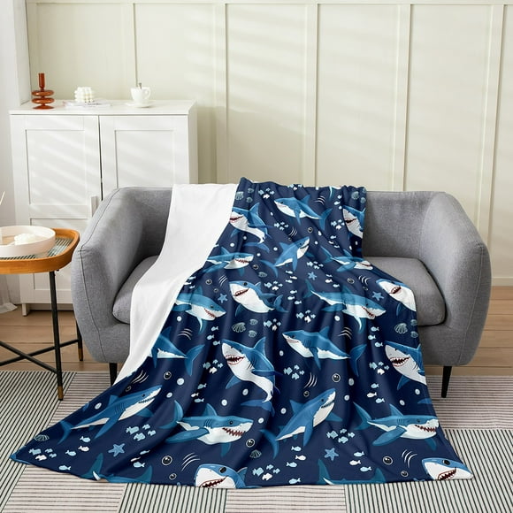 Erosebridal Kawaii Shark Throw Blanket for Couch, Steel Blue Plush Blanket, Sea Animal Sherpa Blanket, Plush Throw Blanket Room Decor