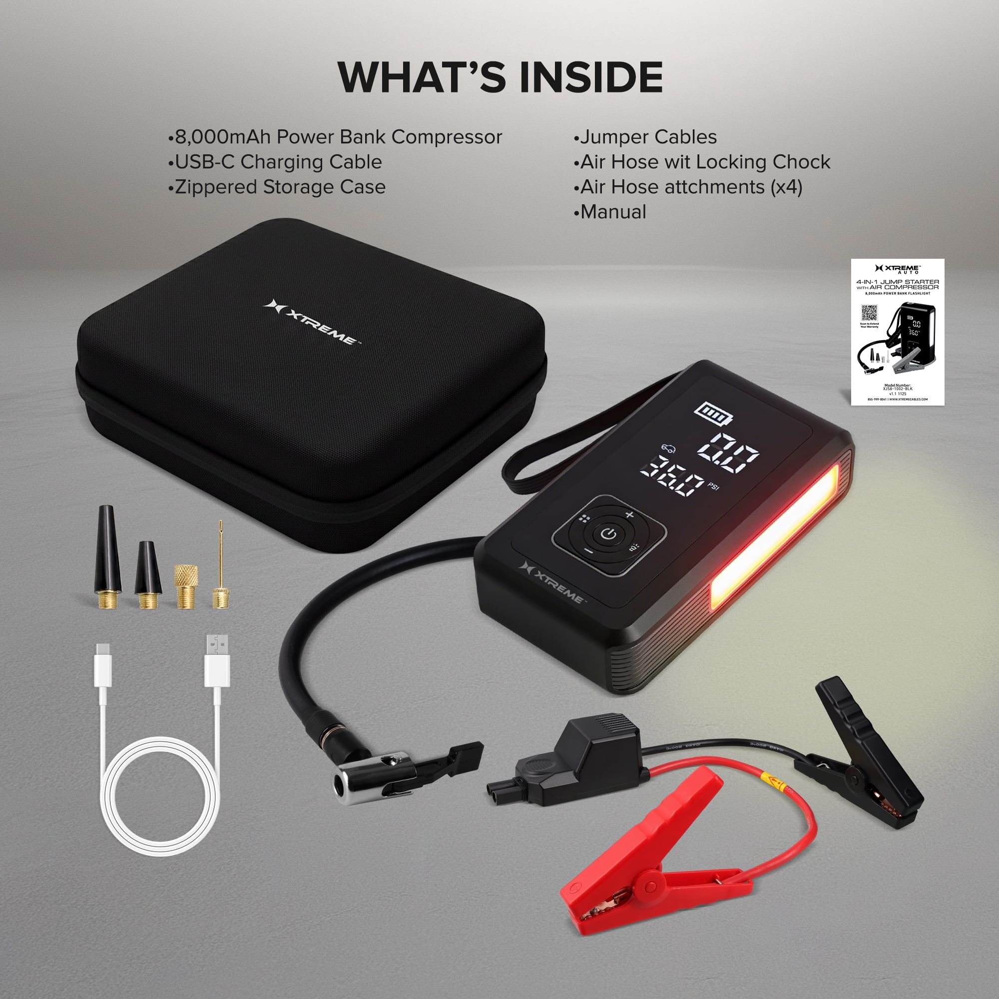 Xtreme Auto 4-in-1 Jump Starter with Air Compressor, 1000 Peak Amps Car Battery Booster, 150 PSI Tire Inflator, 8000mAh Portable Power Bank, LED Flashlight, USB-C Rechargeable