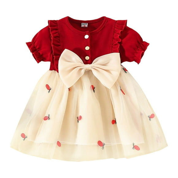 XASZHN Girls Summer Dress Toddler Girls Short Sleeve Bowknot Fruits Prints Tulle Princess Dress Dance Party Dresses Clothes Red 2-3 Years Summer Casual Dress for Kids