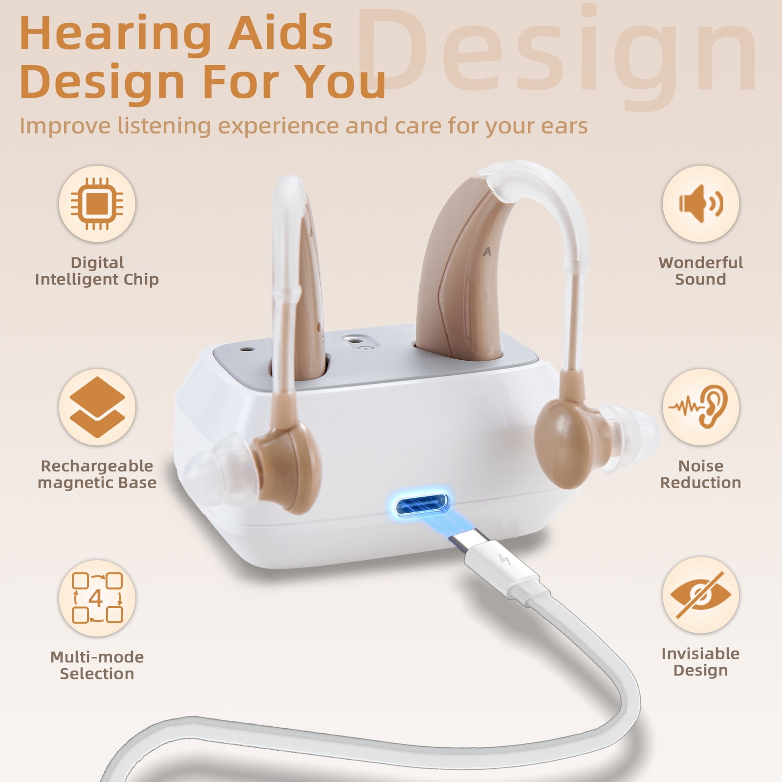Delmicure Rechargeable Hearing Aids for Seniors, 4-Mode, Digital, Magnetic Charging, VHP-1011, Slide Control, Beige