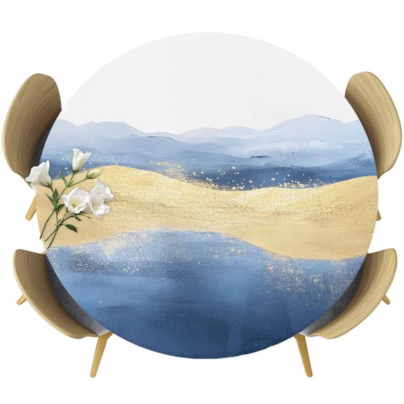 Blue Yellow Table Cloth, Round Fitted Tablecloths with Elastic Edge, Modern Abstract Art Waves Wipeable Waterproof Table Cover for Kitchen Wedding 36-44 Inches