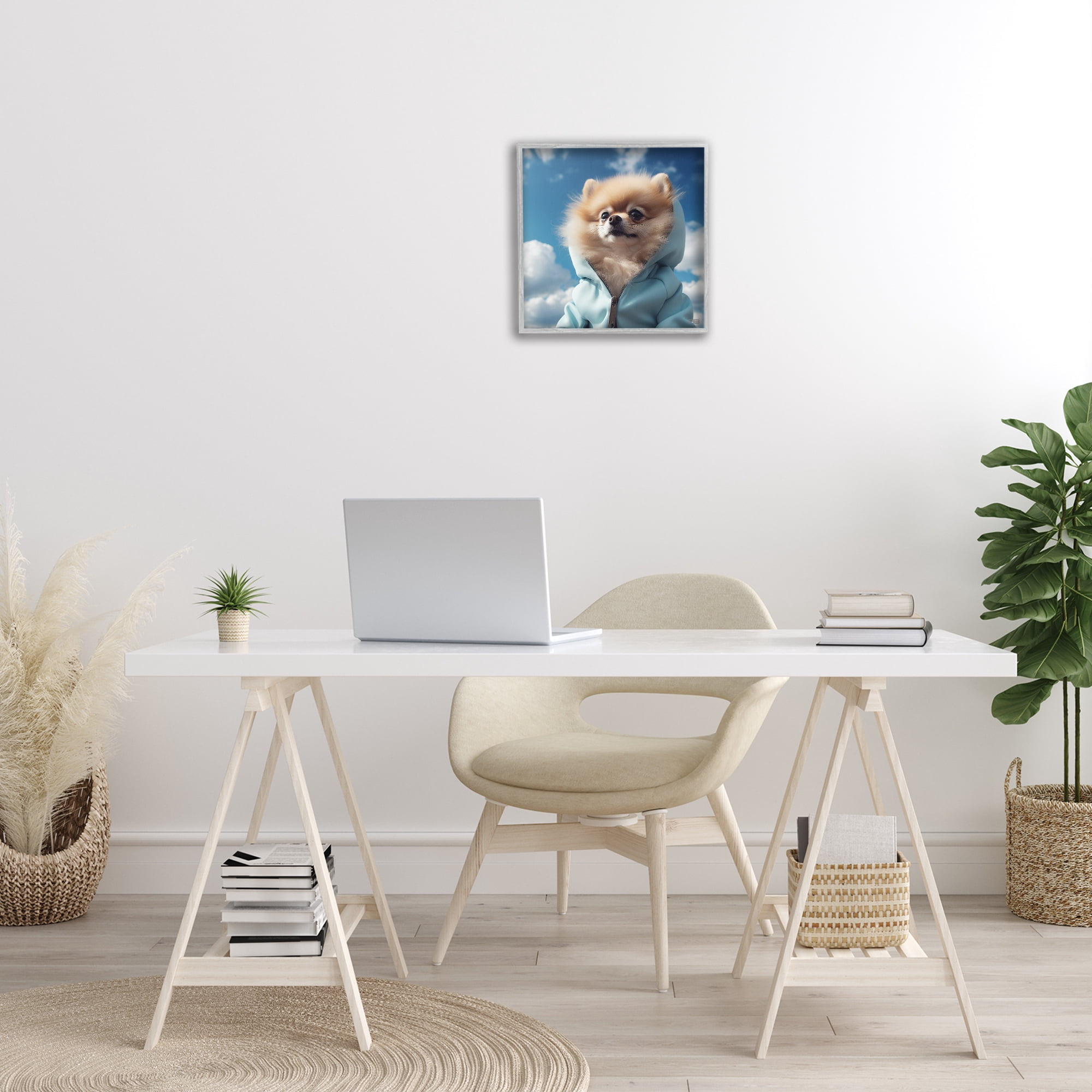 Stupell Industries Pomeranian Dog & Clouds Animals & Insects Painting Gray Framed Art Print Wall Art, 17 x 17