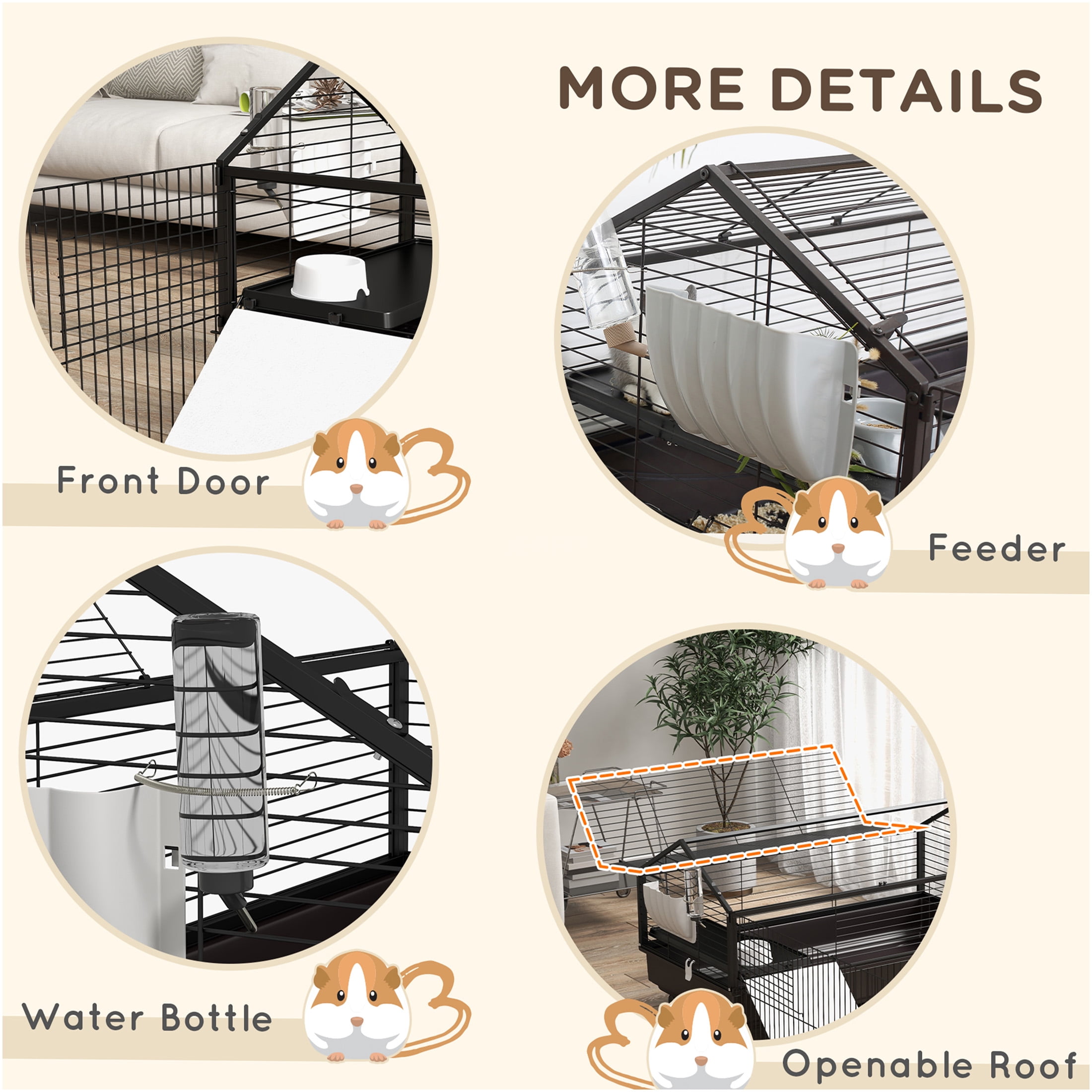 JERFIT 46.5" Small Animal Cage with Playpen, Foldable & Rolling Guinea Pig Hutch with Water Bottle, Food Bowl, Ramps for Rabbits, Hedgehogs