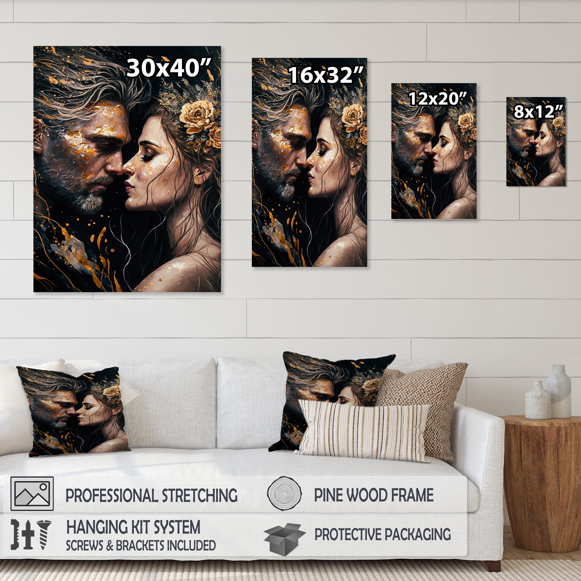 Designart Black And Gold Couple Kissing Art II Canvas Wall Art
