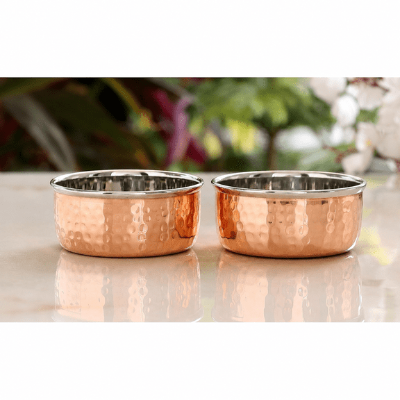 Pure Copper Hammered Serving Dessert Bowl with Tin Lining for Serving Rice, Curries, Soups – Elegant Kitchen & Tableware, Volume-160 Ml, Set of 2