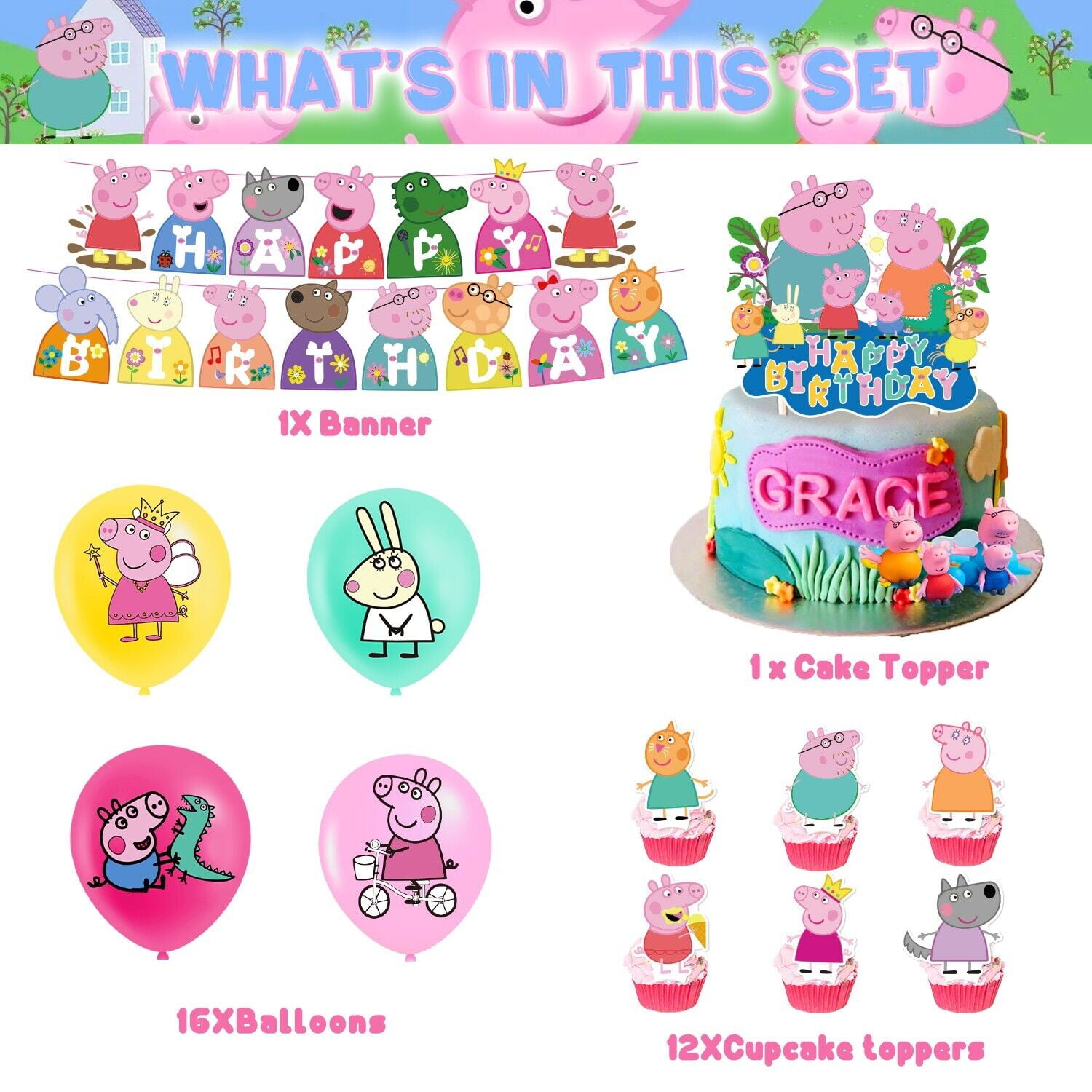 Peppa Pig Theme Birthday Party Decorate Supplies Set,Balloon Banner Cake Toppers