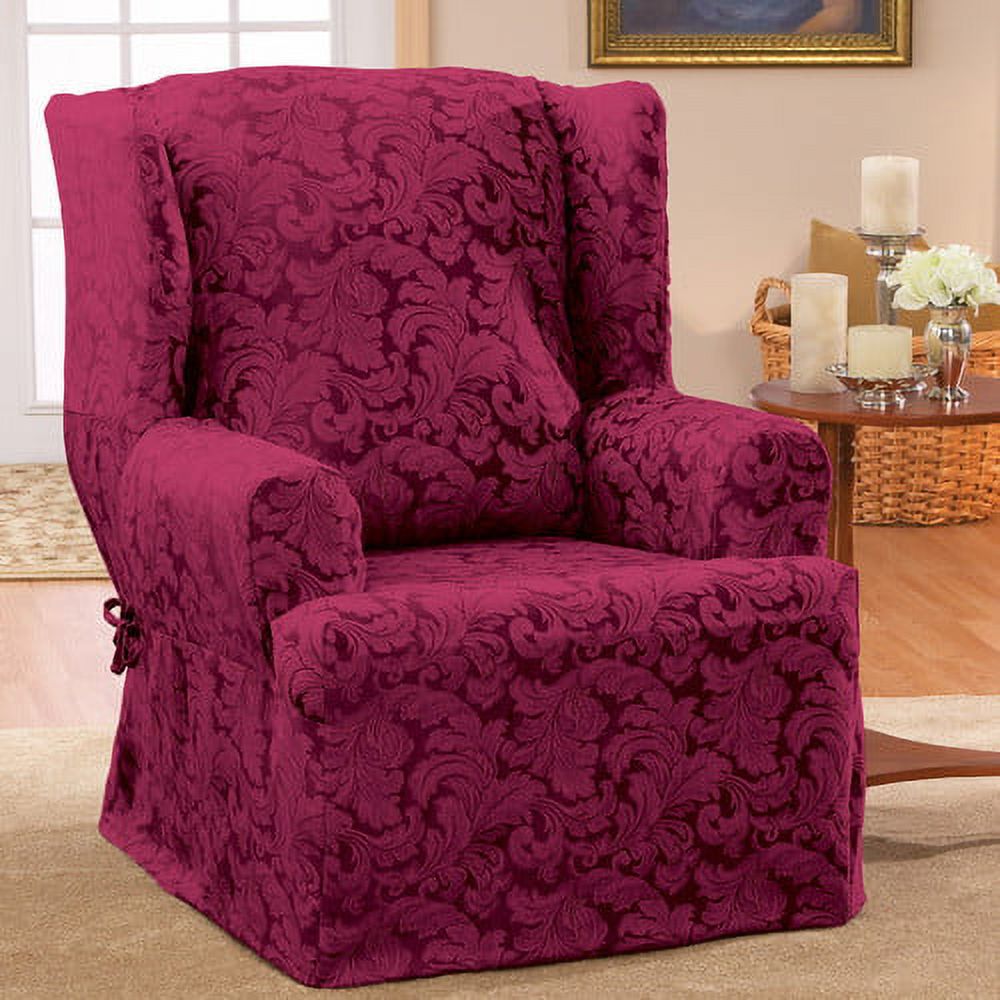 Surefit Scroll Damask Box Cushion Wing Chair One Piece Slipcover, Relaxed Fit, Cotton/Polyester, Machine Washable, Brown - image 3 of 4