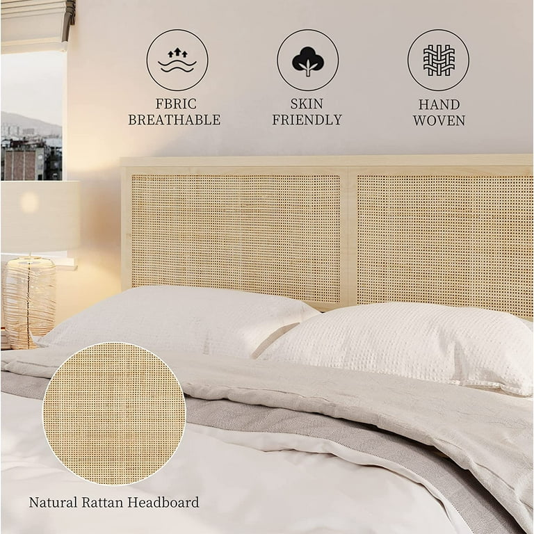 Brafab Natural Rattan Queen Bed Frame with Wooden Headboard and 4 Storage Drawers Boho Cane Bed Metal Platform Bed with Strong Wooden Slat Mattress